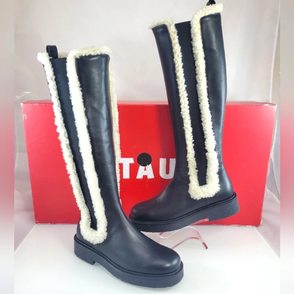 NWT$495 STAUD Women's Palamino Shearling Trim Black Cream Riding Boots Sz 36, 6 - Picture 1 of 16